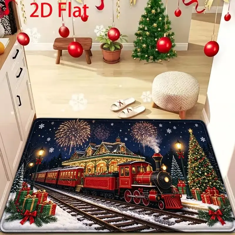 VIKAMA Christmas Train Welcome Mat Holiday Locomotive Non Slip Soft Washable Absorbent Rug Front Entryway New Year Decor