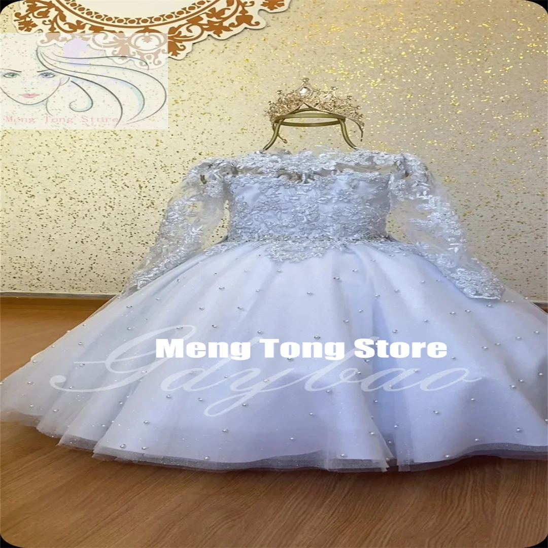 

Customized Flower Girl Dress For Wedding Lace Long Sleeves Puffy Tulle With Bow Baby Kids Birthday Party First Communion Gowns