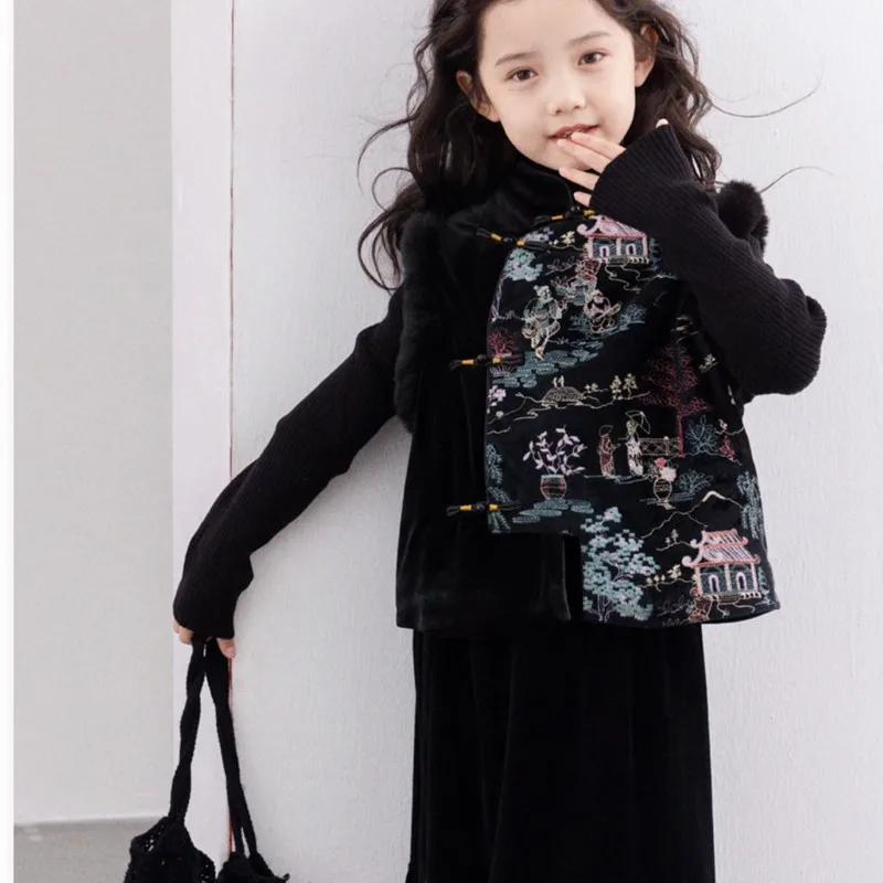 

2026 New Girls' Autumn/Winter Chinese Embroidered Vest Skirt 2-piece Set Children's Breathable Vest Top Skirt Clothing Set LI651
