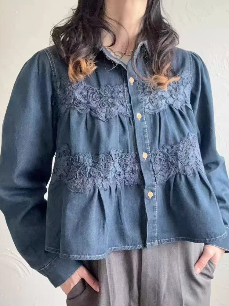 

Ruffle Sve Embroidered Floral Waed Loose ort Denim irt Women's Sweet Youth Casual Sle Cotton Blend Bubble Top