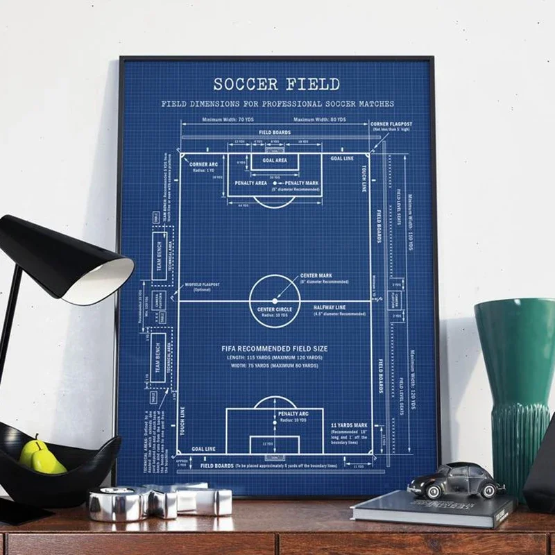 Soccer Field Blueprint Art Canvas Painting Soccer Patent Poster Soccer Wall Art Prints Picture Coach Gift Boys Room Decor Sports