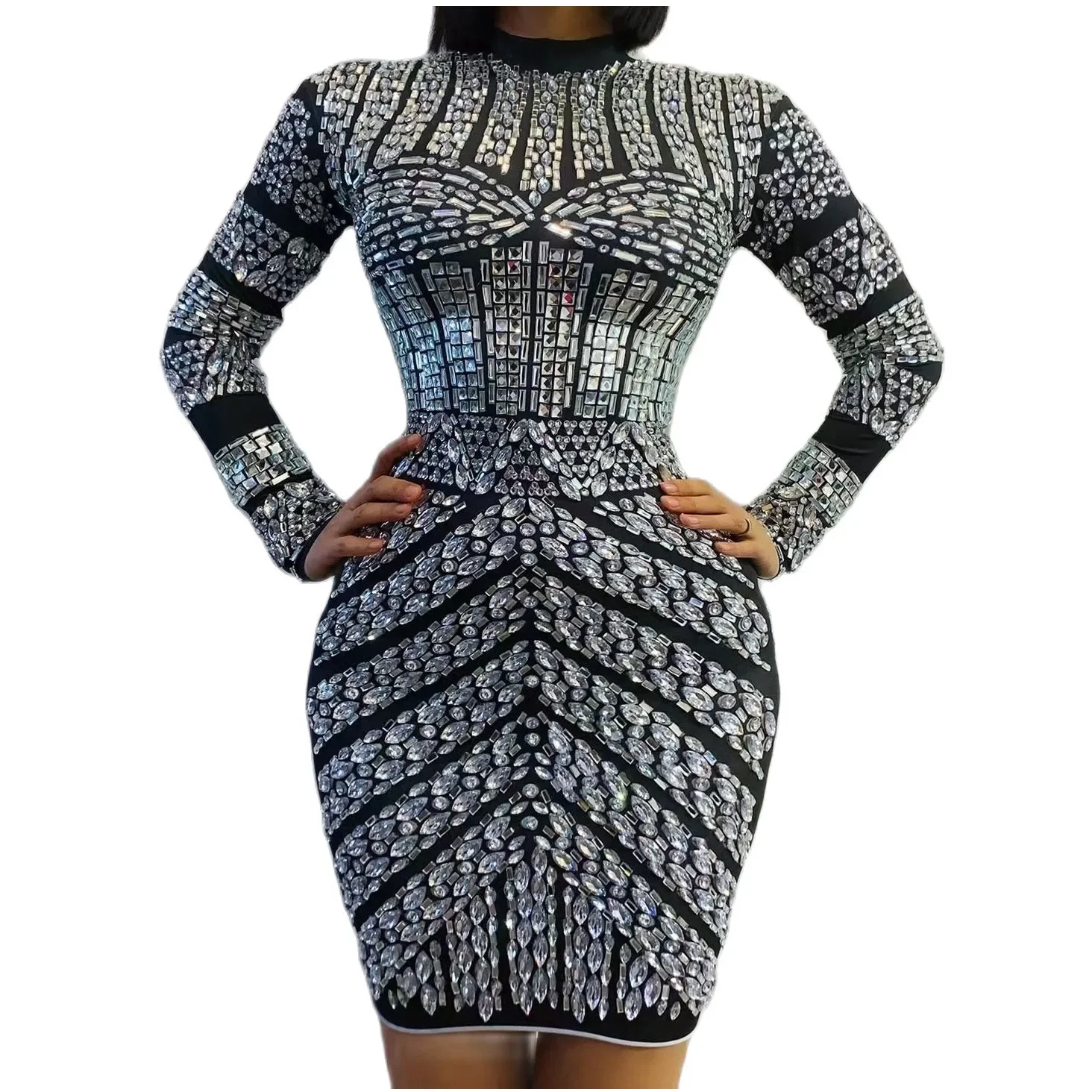 

Black Shining Rhinestones Long Sleeves Sheath Sexy Dress For Women Nightclub Party Clothing Prom Bar Wears Stage Singer Costumes