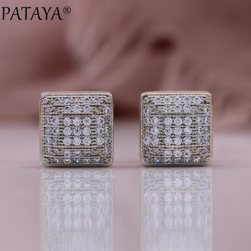 PATAYA New 585 Rose Gold Color Earrings For Women Girl Fashion Geometric Natural Zircon Ear studs High Quality Daily Jewelry