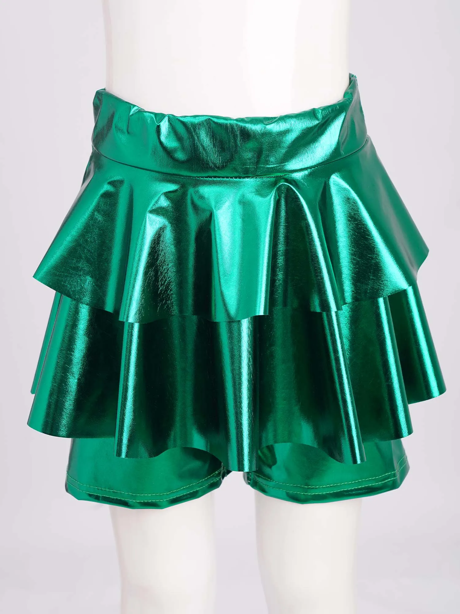

Kids Girls Metallic Skirted Shorts High Waist Elastic Waistband Tiered Culotte for Hip hop Jazz Dance Cheerleading Performance