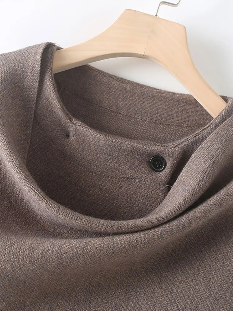 Autunno donna sciarpa asimmetrica allentata giacca in maglia manica lunga tinta unita Cardigan con spacco laterale a bottone singolo capispalla da donna