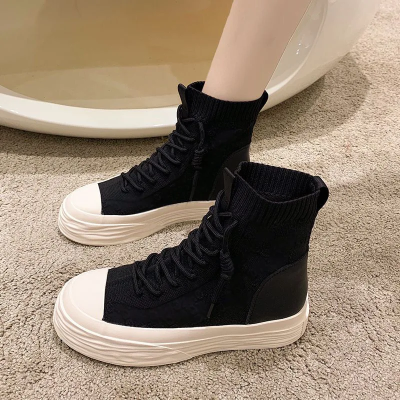 Fashion Boots Women Breathable Sneakers Elastic Fabric Sport Shoes for Woman Casual Vulcanized Flats High Top Zapatos Mujer