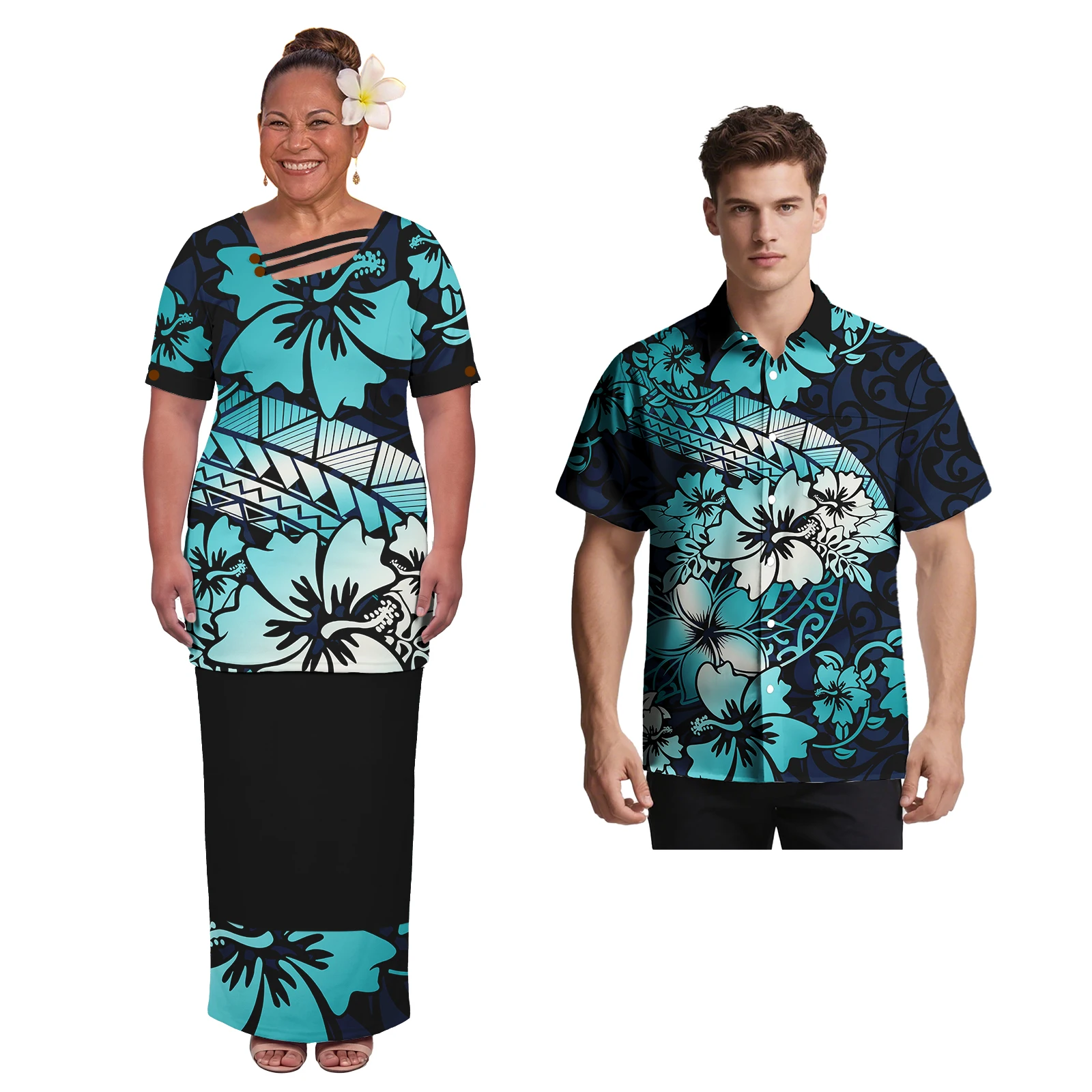 New Custom Pattern Puletasi Polynesian Pacific Island Buttoned Top Elegant Beach Party Dress For  Women Couple Outfits