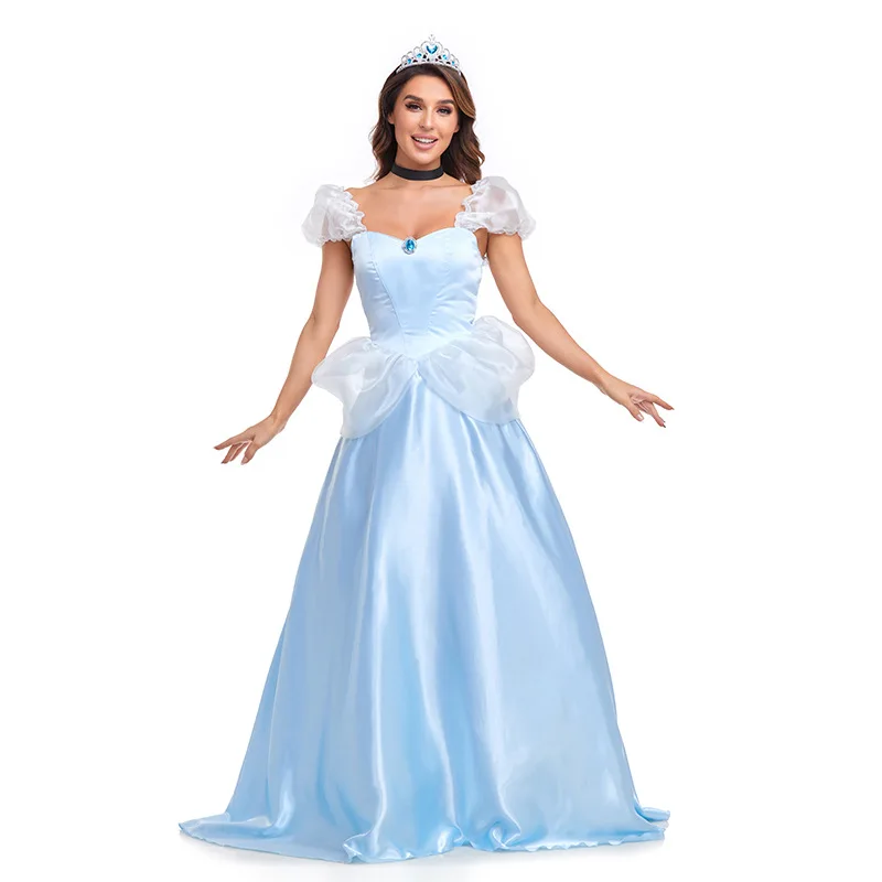 Frauen Cinderella Cosplay Prinzessin Kleid Fee Pompadour Kleid Schulterfrei Halloween Blaues Prinzessinnenkleid mit Krone