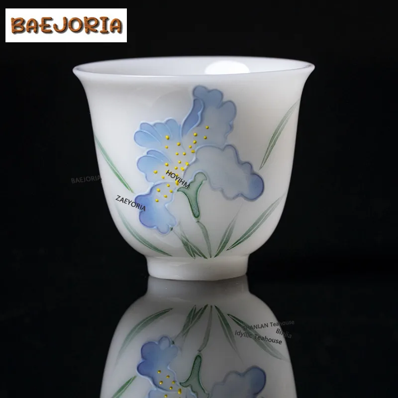 BAEJORIA 40ml Ice-pure Jade Hand Painted Wind Iris Teacup Japanese Tea Bowl Mug Tea-tasting Personal Cup Jianzhan Master Cups