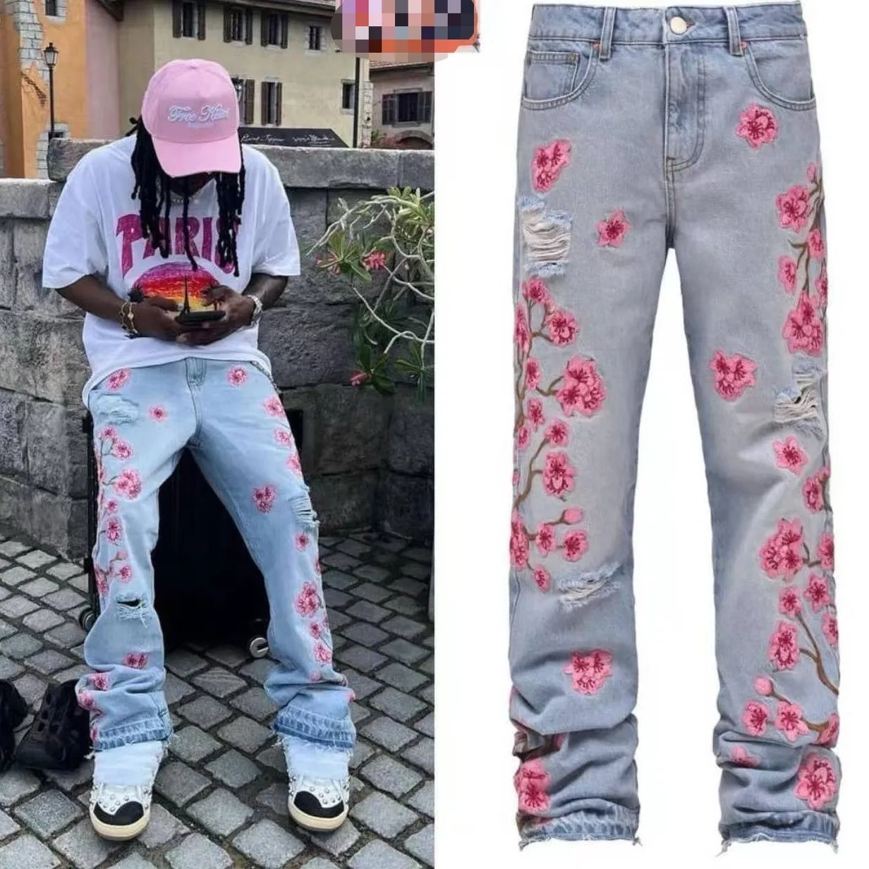 

Men's Retro Sle Oversized Jeans Floral Embroidery Wide Leg Street Faion Small Pants Straight Cut mid Waist