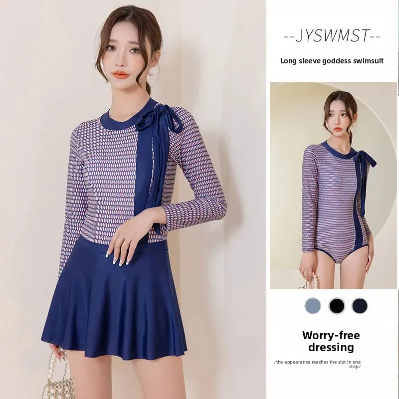 Konservativer Dreieck-Langarm-Bikini für Damen, Sommer, heißer Verkauf der Saison, schlankmachende Überwurf-Badebekleidung, Rock-Stil, M