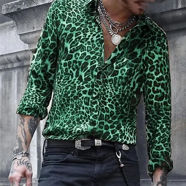 Camisa de manga longa com estampa de leopardo masculina, top de lapela, casual, rua, 2024