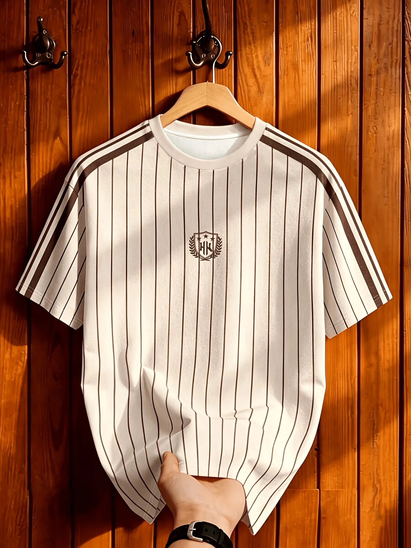 Herren Vintage Gestreiftes Fußballtrikot T-Shirt Weinrot Kurzarm O-Ausschnitt Lässiges Sport-T-Shirt Retro Fußball-Stil Top Männliche Streetwear – Detail 4