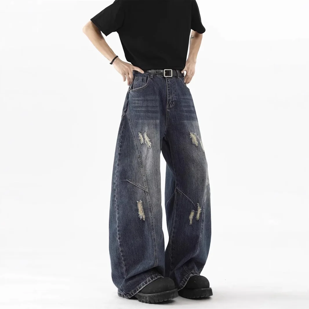 Jeans Unissex 2026 Nova Coleção Primavera, Jeans Rasgado de Perna Larga Curvada para Homens e Mulheres, Estilo Street Cleanfit, Calças de Denim Casuai