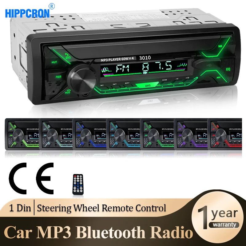 Hippcorn Car Radio 1din Audio Bluetooth Stereo MP3 Player FM Receiver 60Wx4 With Colorful Lights AUX/USB/TF Card In Dash Kit