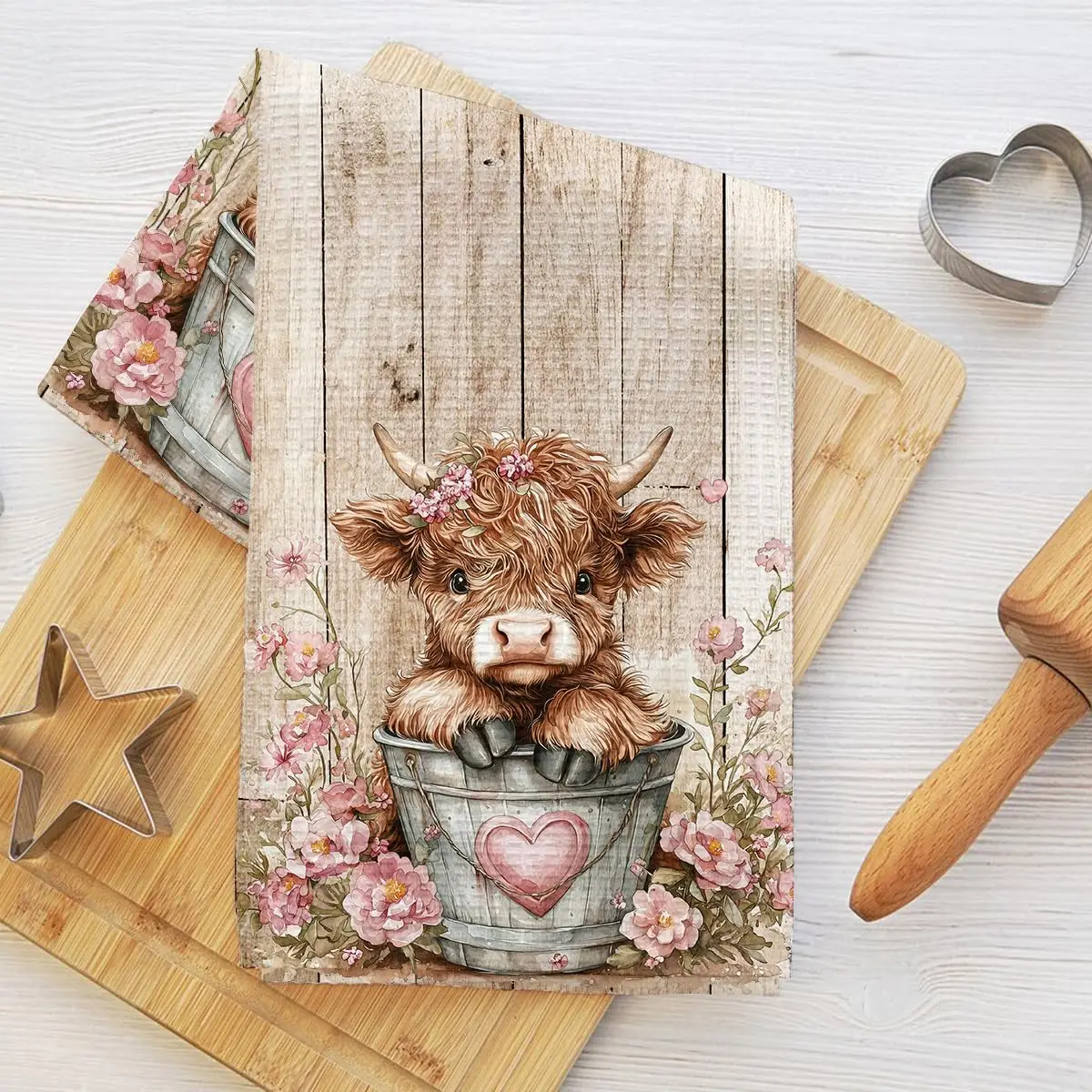 

Highland Cow Rustic Kitchen Towels Adorable Cow Pink Flower Wooden Background Waffle Towels for Kitchen Microfiber Tea Towel