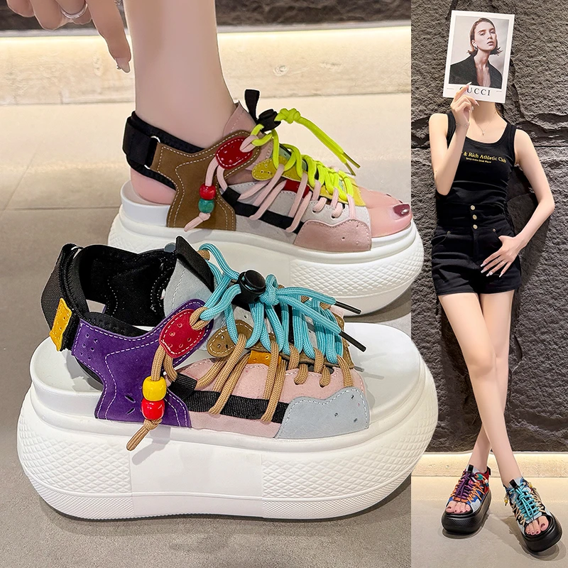 Women ColorBlock Platform Sandals Lace Up Peep Toe Splicing Denim Chunky Sole Backless Casual Streetwear Summer Walking Footwear