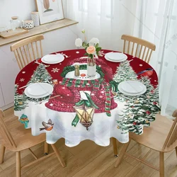 Christmas Tree Snowman Robin Berry Round Tablecloth Waterproof Wedding Party Table Cover Christmas Dining Table Tablecloth