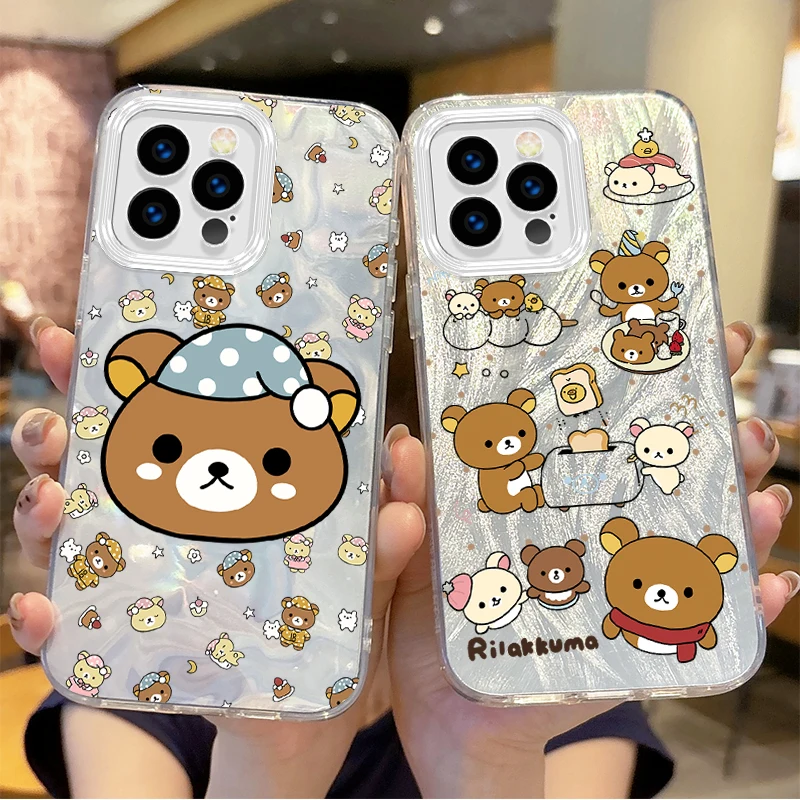 

Lovely Rilakkuma Camlet Reflective Glitter Case For iPhone 16 Pro Max 15 14 13 12 11 8 7 Pro Max Plus XS XR Lite Hard Cover