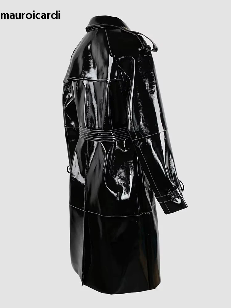 Mauroicardi Spring Long Shiny Reflective Black Patent Pu Leather Trench Coat for Women Belt Double Breasted Y2K European Clothes