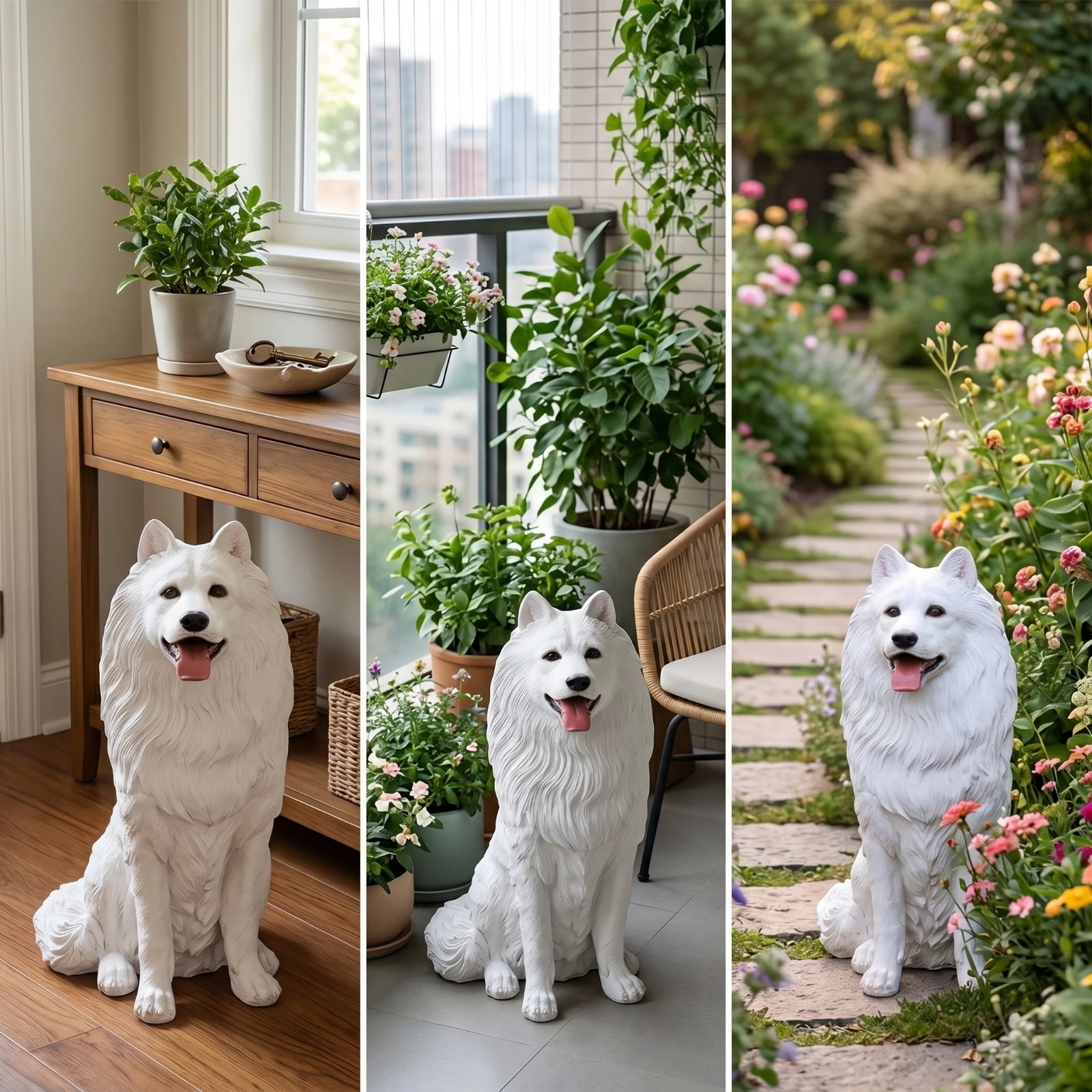 Resin Samoyed Dog Figurine Seated Resin Dog Figurine Samoyed Sculpture Textured White for Entryway, Living Room