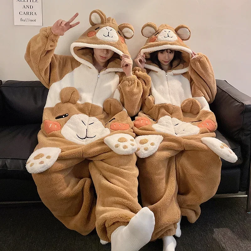 2024 Winter Pajamas Jumpsuits Women Sleepwear  Men Pijamas Thicken Couples Hooded Cartoon Bear Pyjamas Coral Fleece Zipper Soft