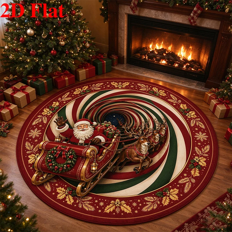 Christmas Round Rug Visual Vortex Santa's Sleigh Time Tunnel Carpet Living Room Bedroom Floor Mat Home Decor Rugs Christmas Gift