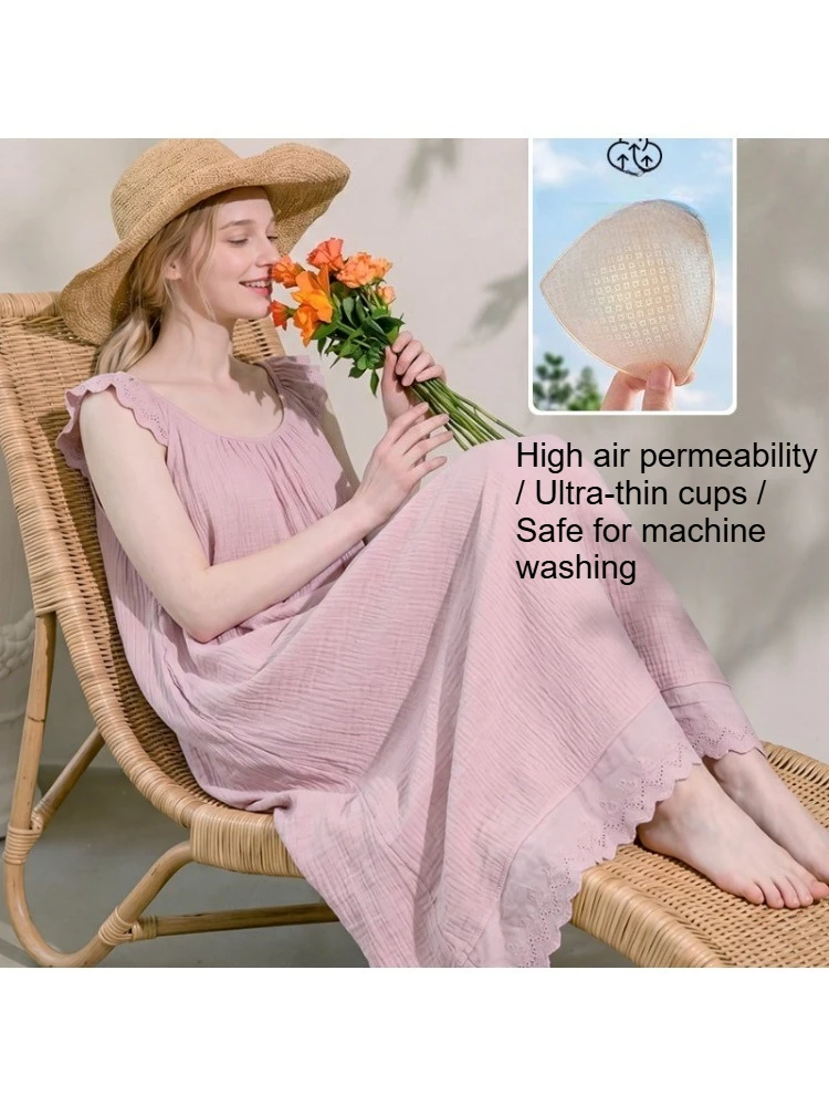 Women's 10A Antibacterial Sleeveless Nightdress with Cool Pure Cotton Belt Chest Pad Breathable Summer Loungewear Pajamas XL