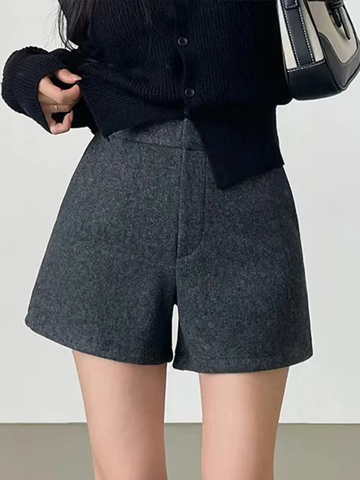 กางเกงลำลองฤดูหนาวสไตล์เกาหลีสำหรับผู้หญิง ผ้าขนสัตว์เทียม เอวสูง ทรงเข้ารูป ใส่สบาย