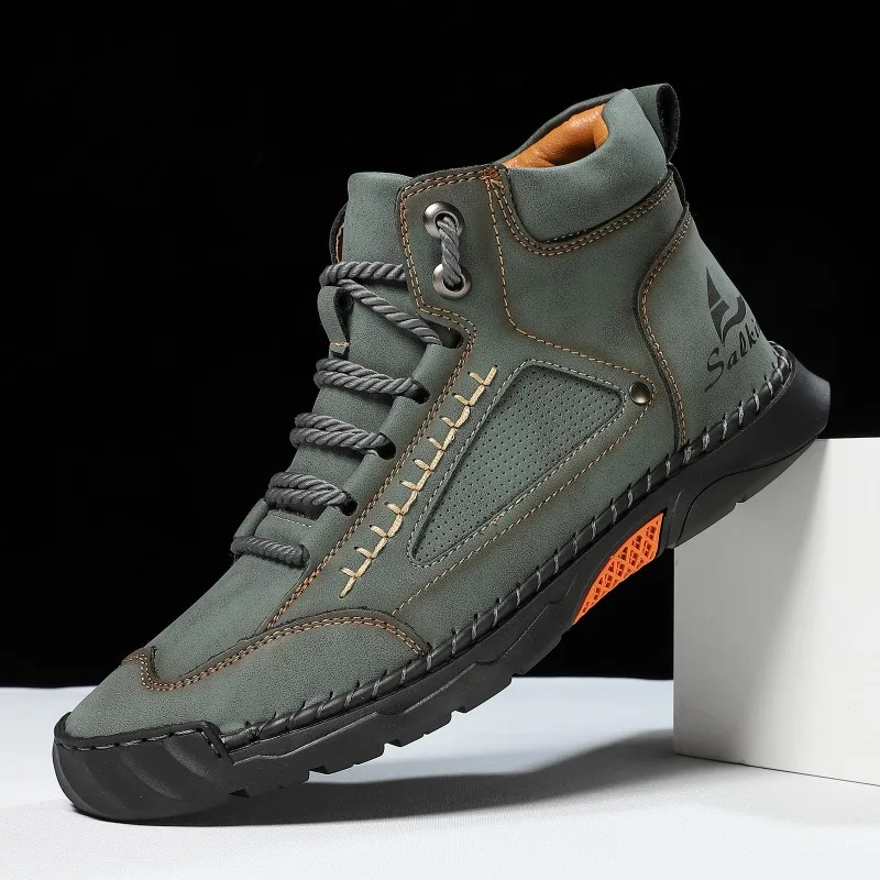 Cross-border Plus-Size Men's PU Leather Boots, Men's Fashion Hand-Stitched Ankle Boots, Flat Lace-Up Casual Shoes