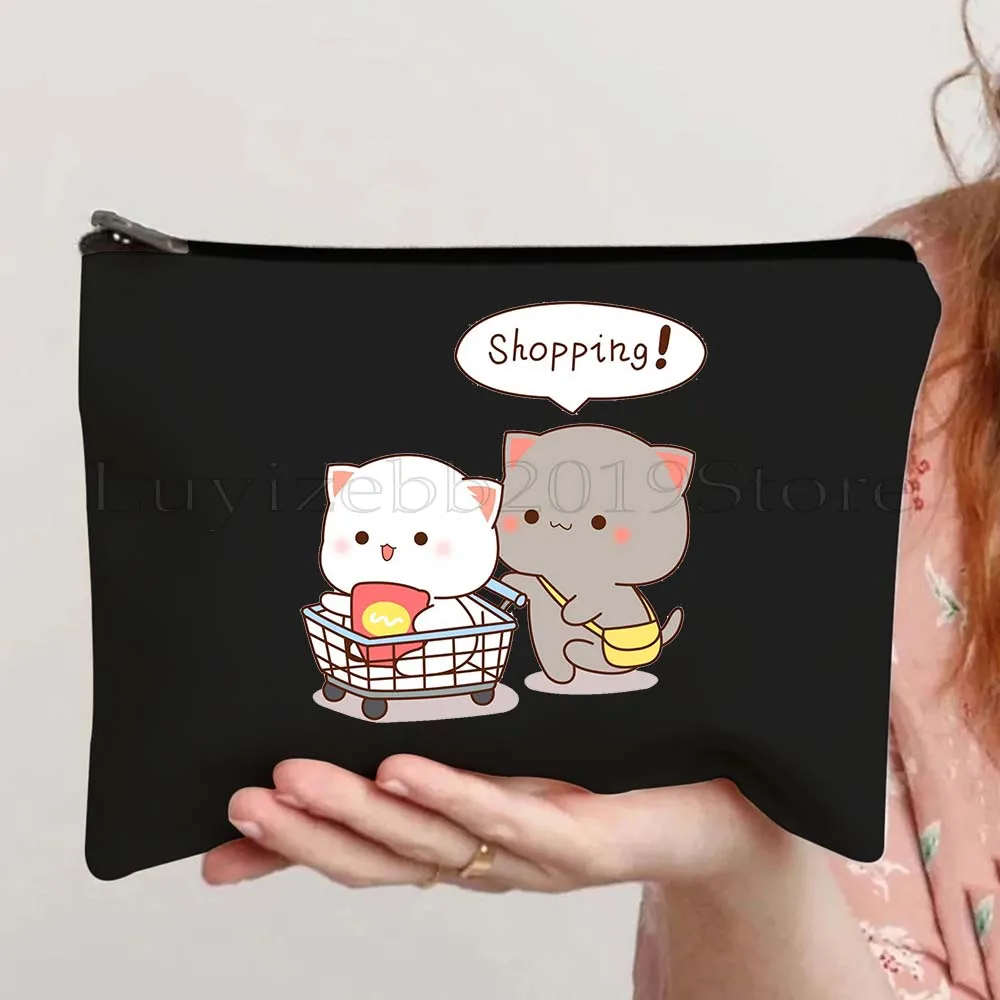 Aesthetic Cute Panda Bear Bubu Dudu Love Couple Kawaii Animal Cartoon Canvas Cosmetic Makeup Toilet Bag Pencil Case Zipper Pouch