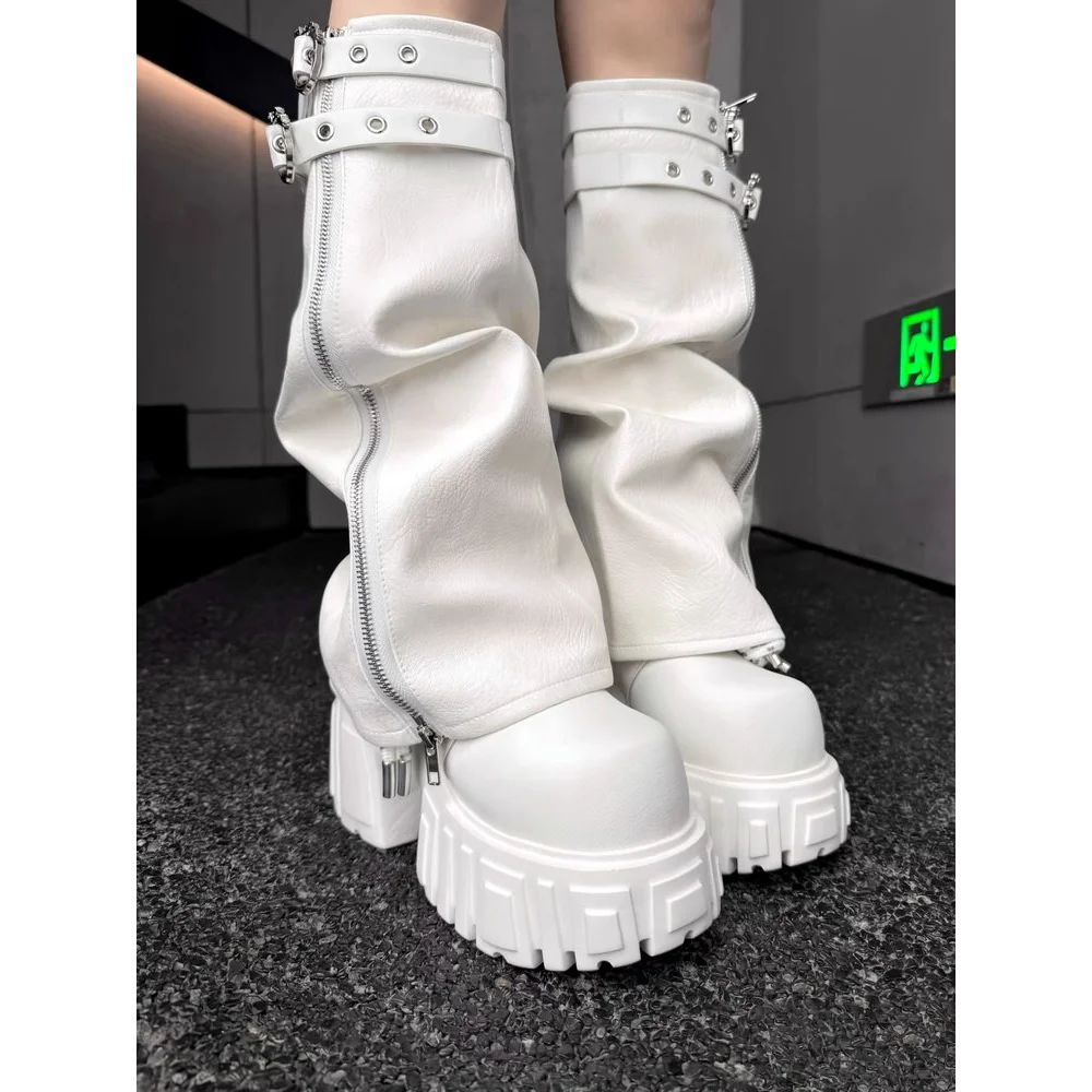 Weiße Abnehmbare Plateau-Kampfstiefel für Damen, Punk-Style Slouchy Kniehohe Schuhe, Bequemes Schuhwerk für Street Style – Detail 6
