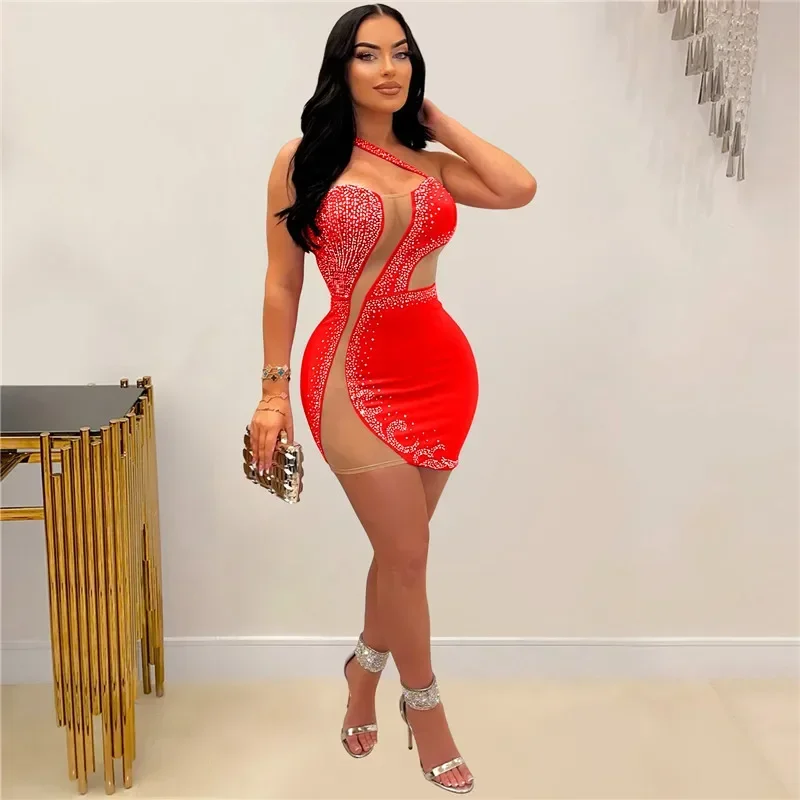 

2023 One Strap See Through Mesh Patchwork Rhinestone Sexy Party Dresses for Women Bodycon Summer Diamonds Night Club Mini Dress