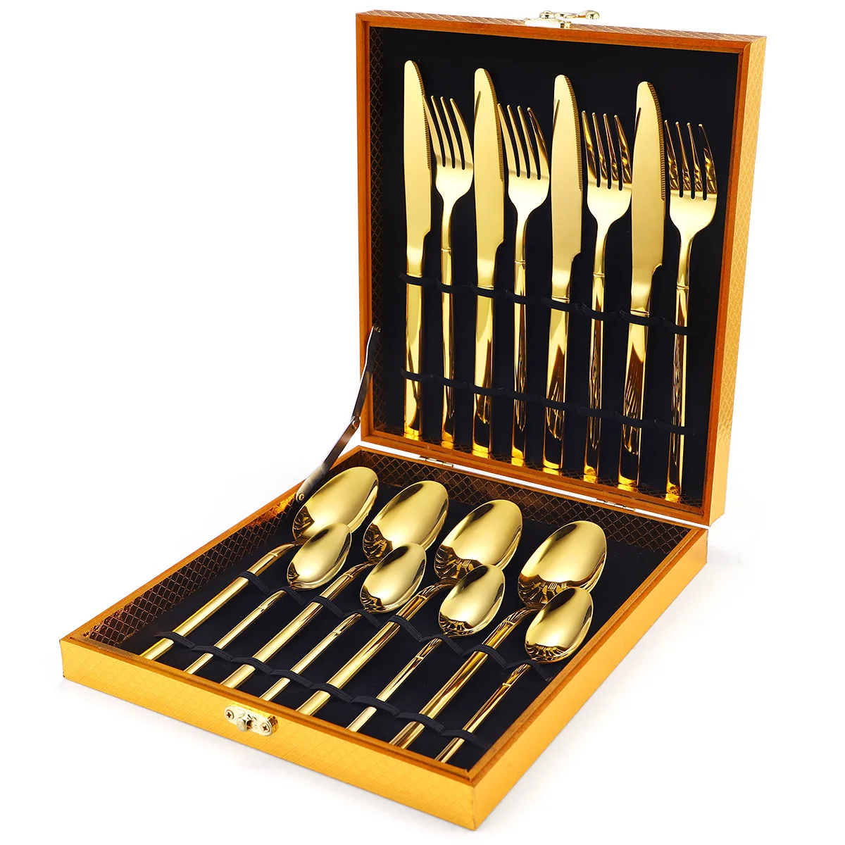 16Pcs/set Gold Flatware Set With Gift Wooden Box Stainless Steel Dinnerware Cutlery Set Black Kitchen Tableware Silverware Sets