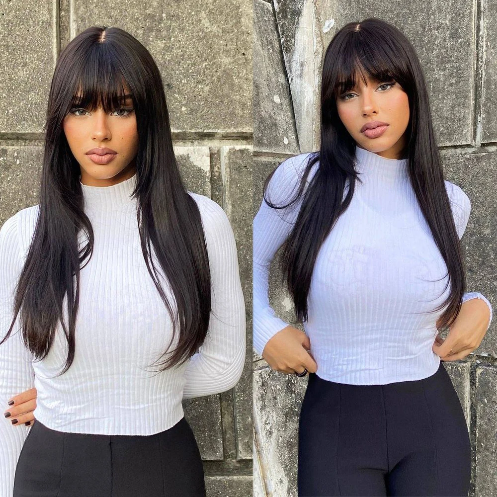 Straight Layered Cut Wigs with Bangs HD Lace Fake Scalp Synthetic Natural Layered Lace Wig For Women Glueless Heat Resistant Wig