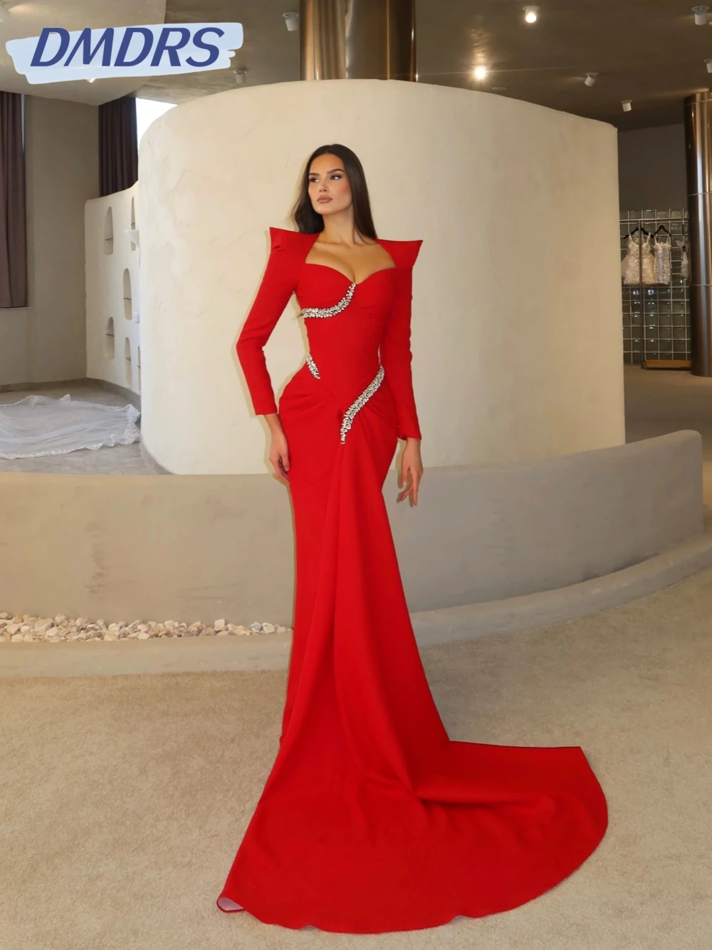 

Elegant Crystal Satin Mermaid Long Evening Dress For Women Red Sweetheart Neck Wedding Party Gown Customized Formal Prom Dresses