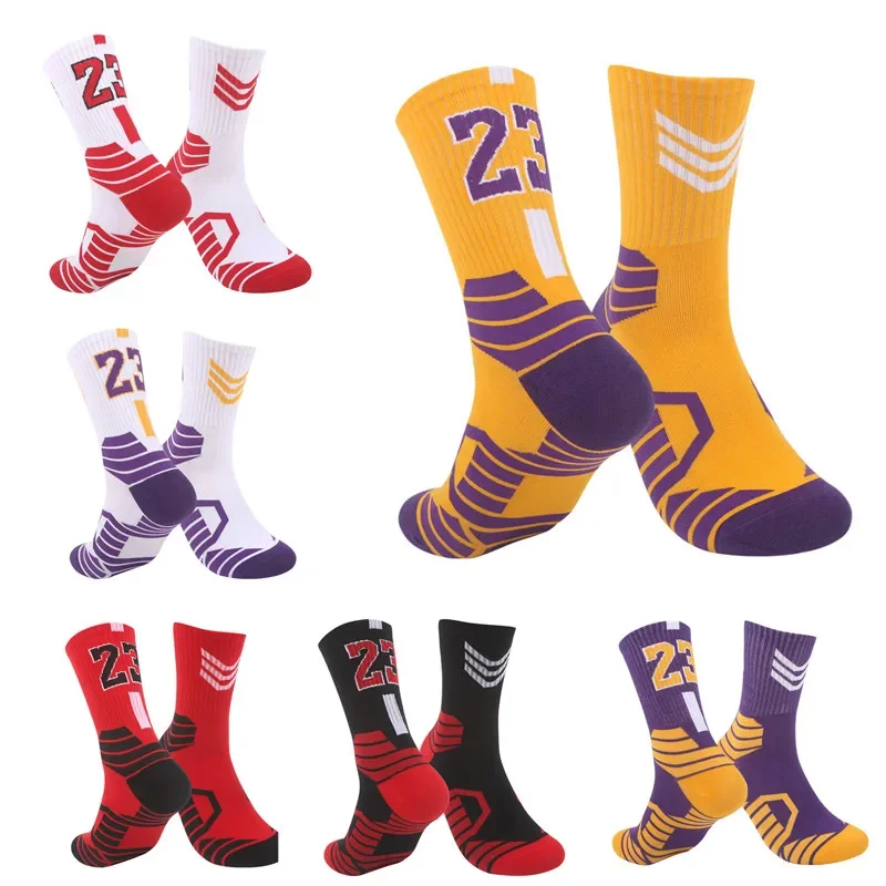 3 pairs of mid-tube basketball socks adult thick-soled sports socks non-slip basketball player number sports crew towel socks