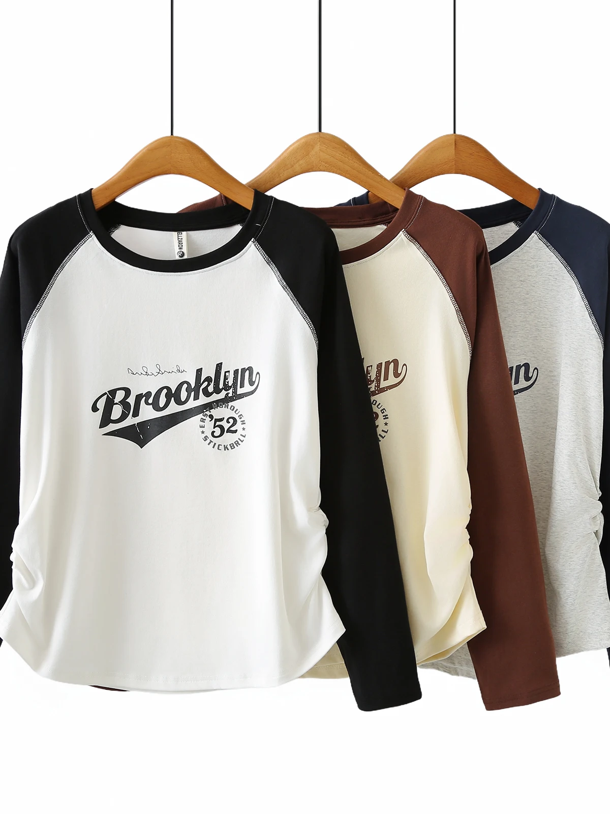Loose Long Sleeve T-Shirt plus Size Korean Style round Neck Color Block Letter Print Slimming Base Layer Top for Women