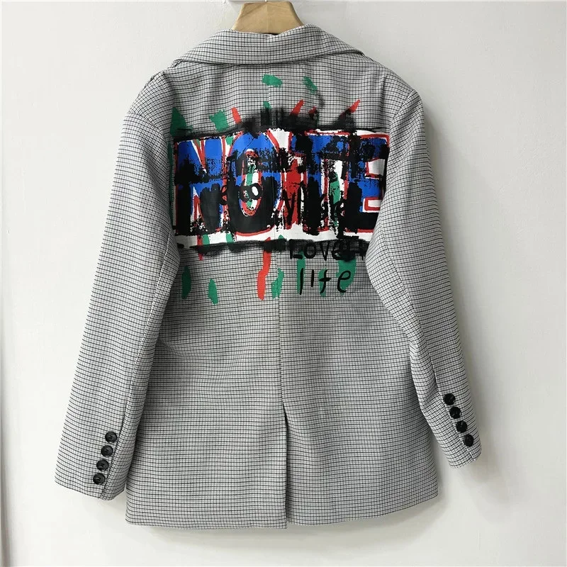 Spring and Autumn New Women's Blazer Design Sense Unique Graffiti British Style Suit Plaid Casual Long Sleeve Loose  Jacket
