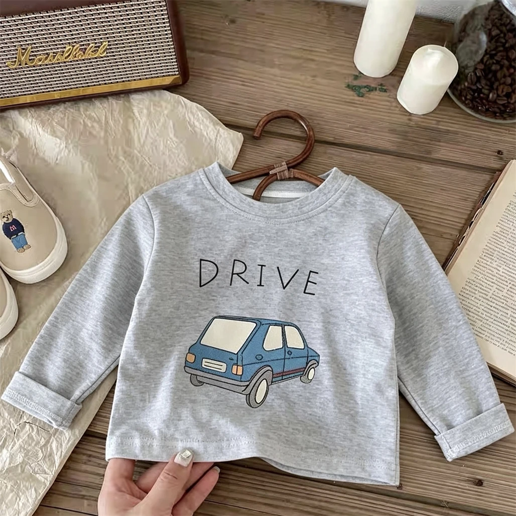 Little Car Print T Shirt White Gray Tees 1-7Age Child Fashion Casual Clothing Loose Casual Sports Wear Kids Long-sleeved Tops