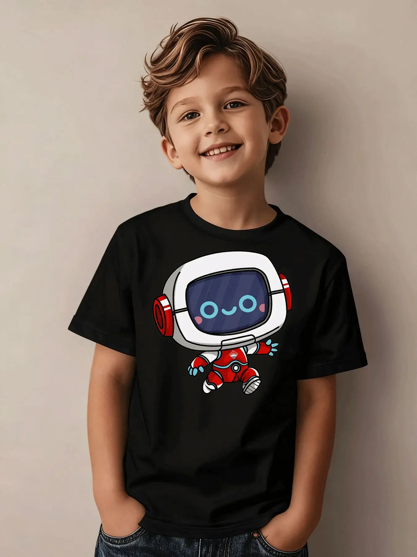 Children's T-shirt Children's Casual Trend, Cute Cartoon Astronaut Robot Print T-shirt, Party Holiday Gift, Daily Sports Wear