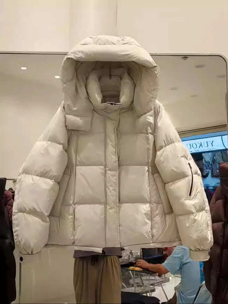 

Winter Hooded Loose Short Parker Down Jacket Female Zipper Pocket Fluffy Thicken Outwears Women White Duck Down Puff Warm Jacket