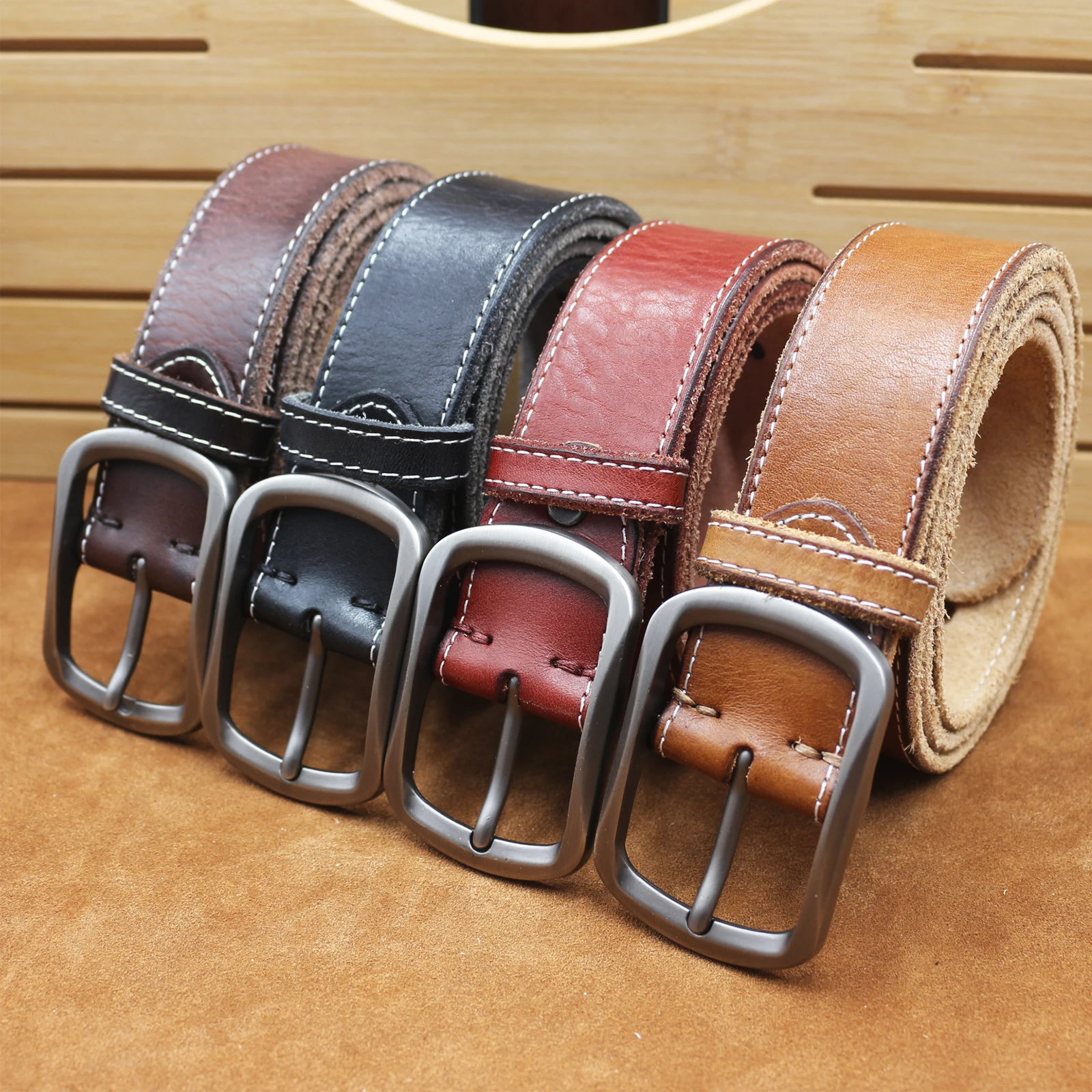 

Винтажные мужские ремни из натуральной кожи класса люкс с пряжкой-штифтом для джинсов, с декоративной строчкой, поясной ремень