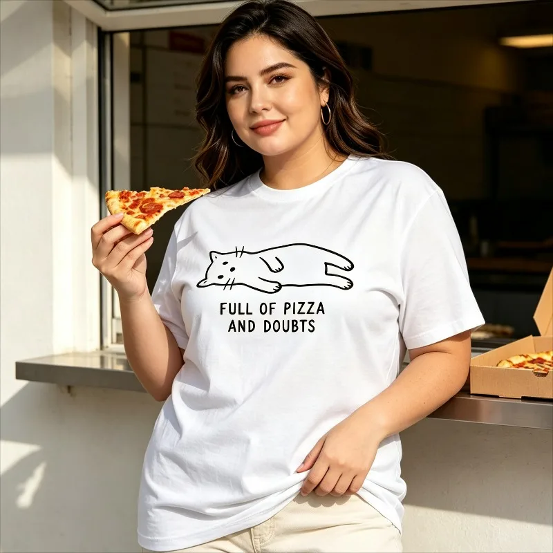 Full of Pizza and Doubts Cat Front Print T-Shirt 100% Cotton Women Short Sleeve Tee Funny Food Casual Weekend Hangout Top