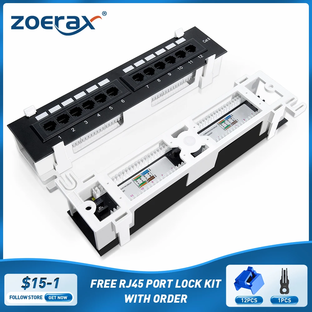 ZoeRax Mini 12-portowy pionowy panel krosowy ze wspornikiem 89D i uchwytem do montażu na ścianie w zestawie, blok krosowy sieciowej