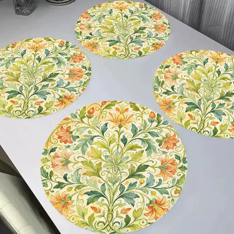 VIKAMA Retro European Ring Flower Linen Placemats Heat Resistant Wear-Resistant for Dining Table Kitchen Decor