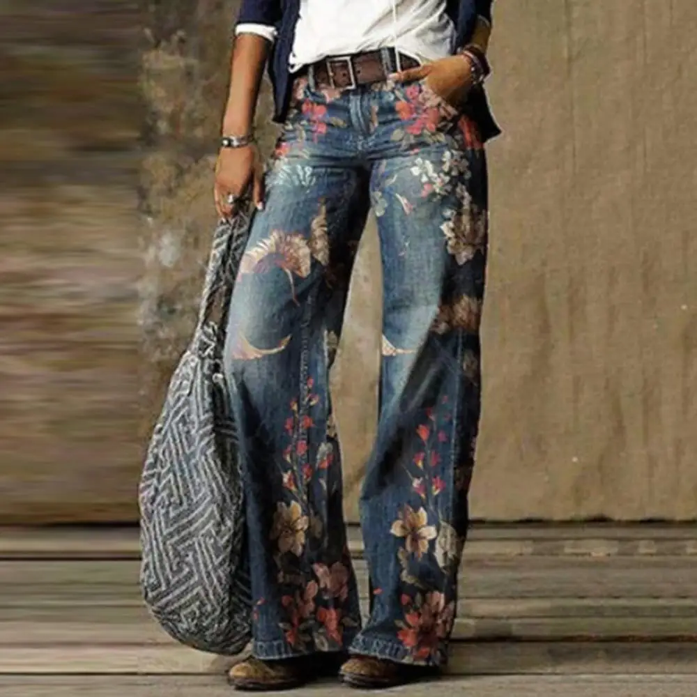 Retro Trousers High Waist Wide Leg Pants Loose Women Long Floral Print Jeans Trousers