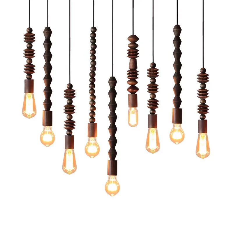 Designer restaurant decorative wooden bead chandelier Japanese bar counter retro solid wood single head lamp log art chandelier