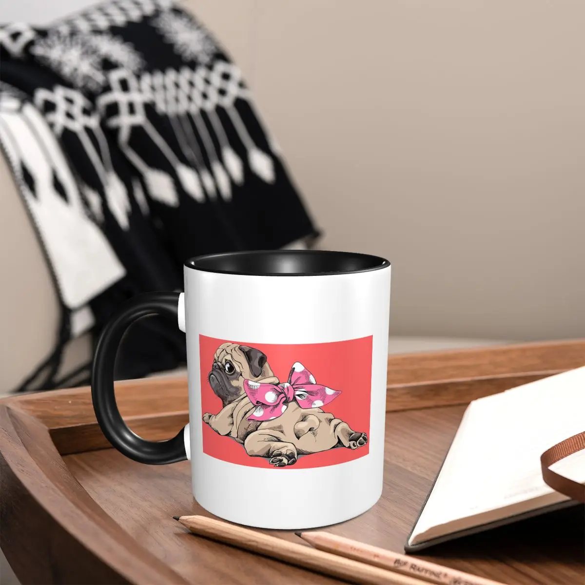 Lazy Pug Dog With Pink Ribbon Mug Funny Ceramic Coffee Cups Tea Mugs Milk Cup Drinkware Gift for Friends