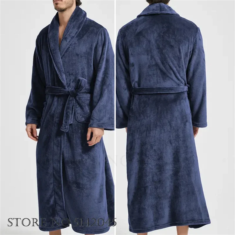 Men\'s Coral Fleece Long Bathrobe Gown Sleepwear Winter Thick Flannel Robe Lounge Wear Loose Home Clothes Nightwear with Pocket